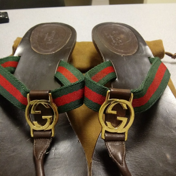 GUCCI BROWN Red/ Green Logo Sandals US 9.5 - Picture 7 of 7